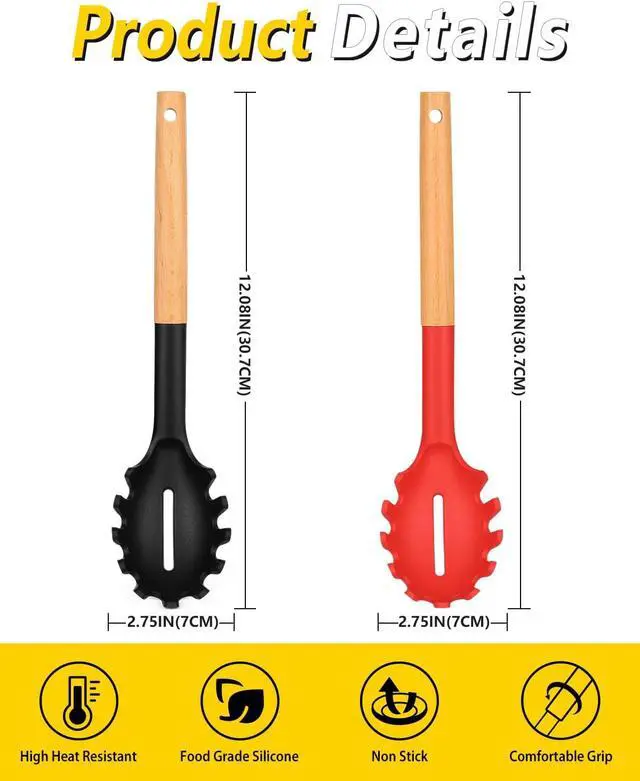 Alt view image 2 of 7 - Pack of 2 Spaghetti Spoon, Silicone Pasta Fork with Wooden Handle, Heat Resistant Noodle Spoon Server, BPA Free Spaghetti Strainer(BLACK-RED)