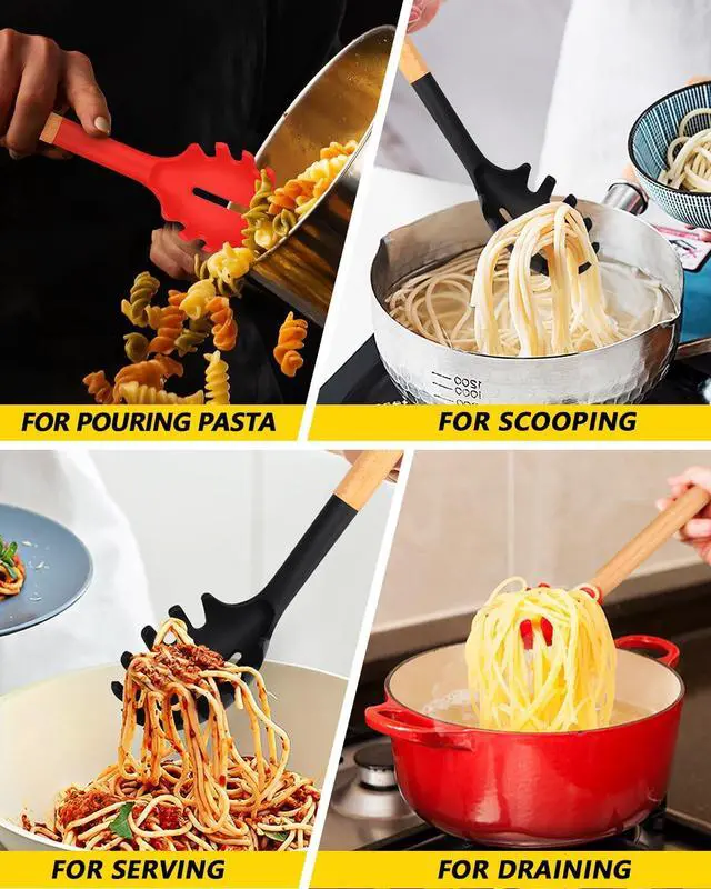 Alt view image 5 of 7 - Pack of 2 Spaghetti Spoon, Silicone Pasta Fork with Wooden Handle, Heat Resistant Noodle Spoon Server, BPA Free Spaghetti Strainer(BLACK-RED)