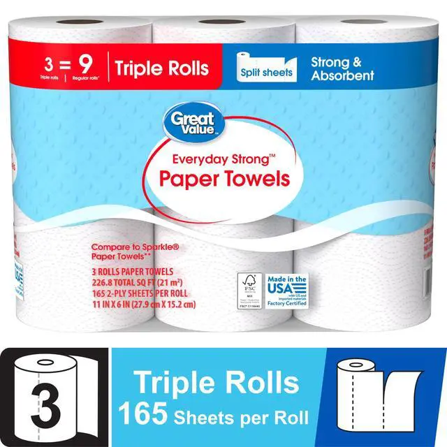 Alt view image 6 of 6 - Great Value Everyday Strong Paper Towels, 3 Triple Rolls