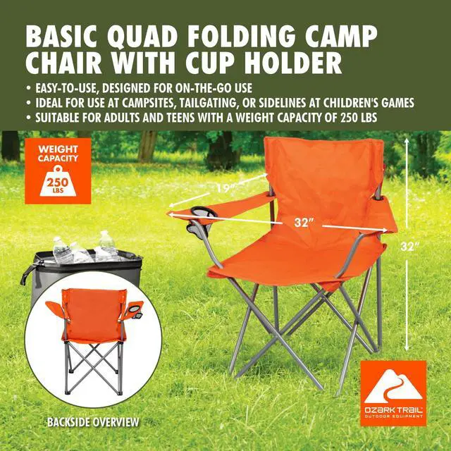 Alt view image 6 of 7 - Ozark Trail Quad Folding Camp Chair with Cup Holder, Bright Orange
