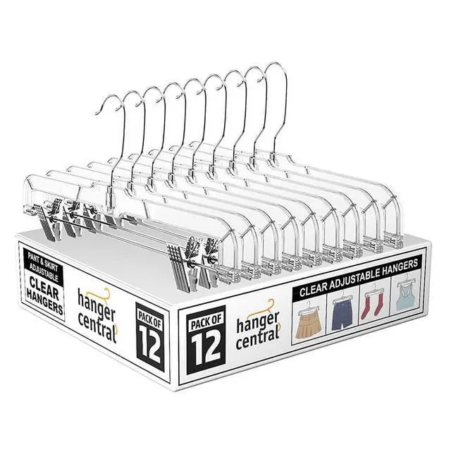 Alt view image 2 of 7 - Hanger Central 12 Pack 14" Clear Skirt Hangers with Adjustable Clips, Non-Slip Plastic Pant Hangers, Slim Clip for Pants, Skirts, Shorts, 360-Rotating Swivel Hook