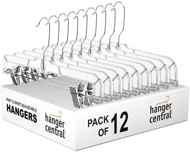 Main image of Hanger Central 12 Pack 14" Clear Skirt Hangers with Adjustable Clips, Non-Slip Plastic Pant Hangers, Slim Clip for Pants, Skirts, Shorts, 360-Rotating Swivel Hook