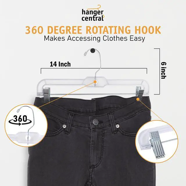 Alt view image 7 of 7 - Hanger Central 12 Pack 14" Clear Skirt Hangers with Adjustable Clips, Non-Slip Plastic Pant Hangers, Slim Clip for Pants, Skirts, Shorts, 360-Rotating Swivel Hook