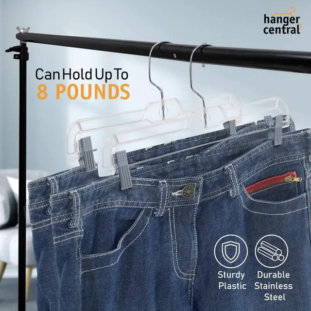 Alt view image 3 of 7 - Hanger Central 12 Pack 14" Clear Skirt Hangers with Adjustable Clips, Non-Slip Plastic Pant Hangers, Slim Clip for Pants, Skirts, Shorts, 360-Rotating Swivel Hook