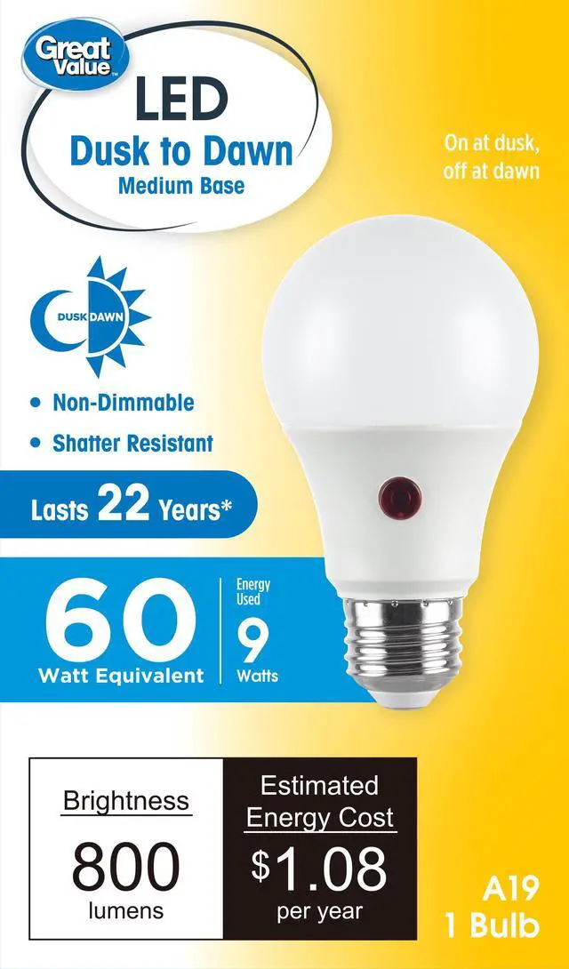 Alt view image 4 of 5 - (2 pack) Great Value A19 Dusk to Dawn Auto On/Off LED Light Bulb, 9-Watt (60W Equivalent) E26 Medium Base