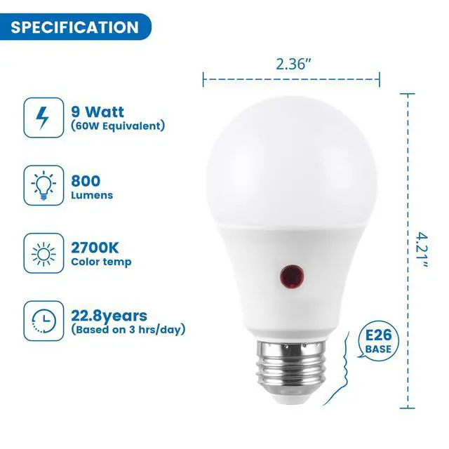 Alt view image 5 of 5 - (2 pack) Great Value A19 Dusk to Dawn Auto On/Off LED Light Bulb, 9-Watt (60W Equivalent) E26 Medium Base