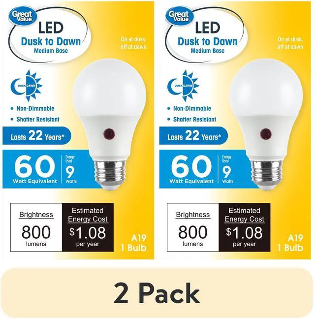 Main image of (2 pack) Great Value A19 Dusk to Dawn Auto On/Off LED Light Bulb, 9-Watt (60W Equivalent) E26 Medium Base
