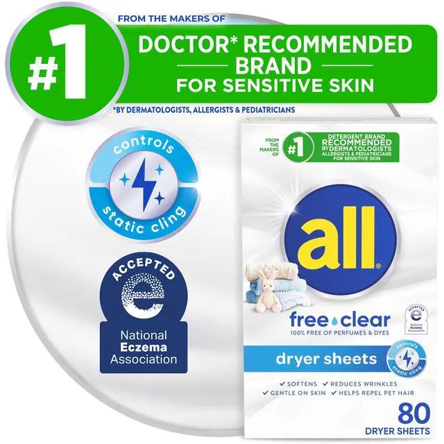 Alt view image 2 of 5 - (2 pack) all free clear Fabric Softening Dryer Sheets for Sensitive Skin, Controls Static, 80 Count