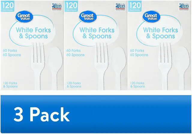 Main image of (3 pack) Great Value Everyday Disposable Plastic Forks and Spoons, White, 120 Count, 60 Forks and 60 Spoons-Fastest shipping
