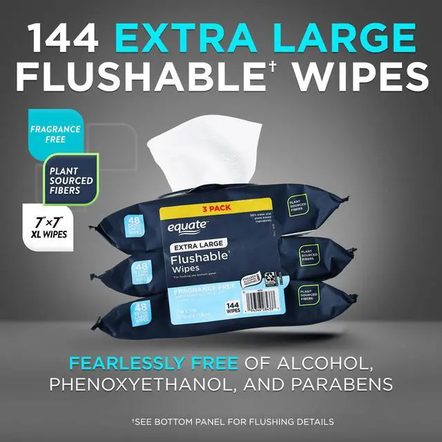 Alt view image 4 of 4 - 3 Pack Equate Extra Large Flushable Wet Wipes, Fragrance Free, 144 Wipes,Fastest shipping