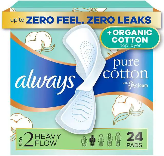 Main image of Fastest Shipping-Always Pure Cotton Pads with Organic Top Layer, Size 2 Pads with Wings, Heavy Absorbency, 24 Count