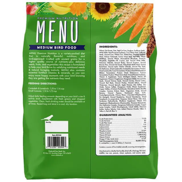 Alt view image 3 of 3 - Menu Vitamin Fortified Food for Cockatiel, Lovebirds, and Small Consures, 4 lb
