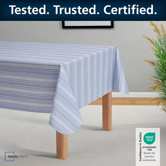 Alt view image 6 of 6 - Mainstays PEVA Everyday, Indoor & Outdoor Tablecloth 60" x 84" Saville Blue Stripe