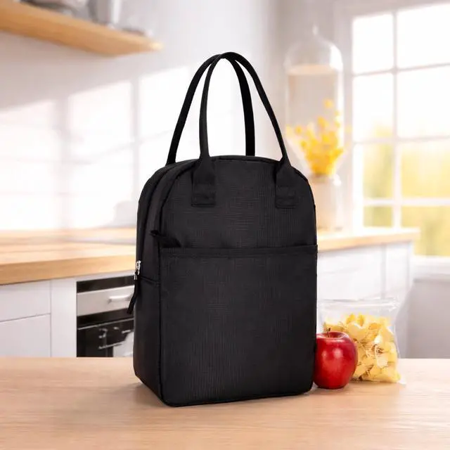 Main image of Mainstays Black Reusable Polyester Lunch Bag, Rounded Top, Zippered Main Compartment and Front Pocket