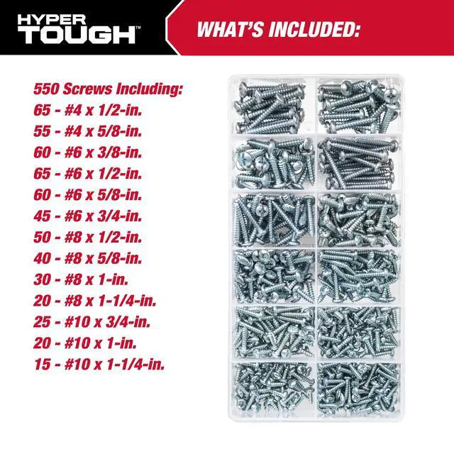Alt view image 3 of 6 - Hyper Tough 550-Piece, Multi-Size Zinc Plated Sheet Metal Assorted Screws Set with Clear Case, 80879
