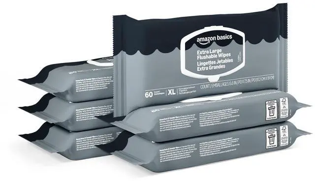 Main image of Amazon Basics Extra Large Flushable Wipes, 360 Wipes (6 Packs of 60), Adult Wet Wipes, Resealable Closure, Packaging May Vary