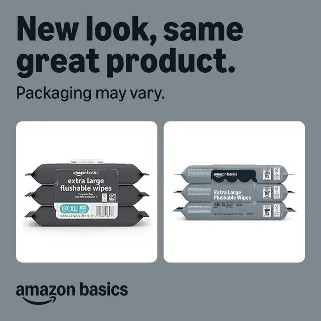 Alt view image 4 of 6 - Amazon Basics Extra Large Flushable Wipes, 360 Wipes (6 Packs of 60), Adult Wet Wipes, Resealable Closure, Packaging May Vary