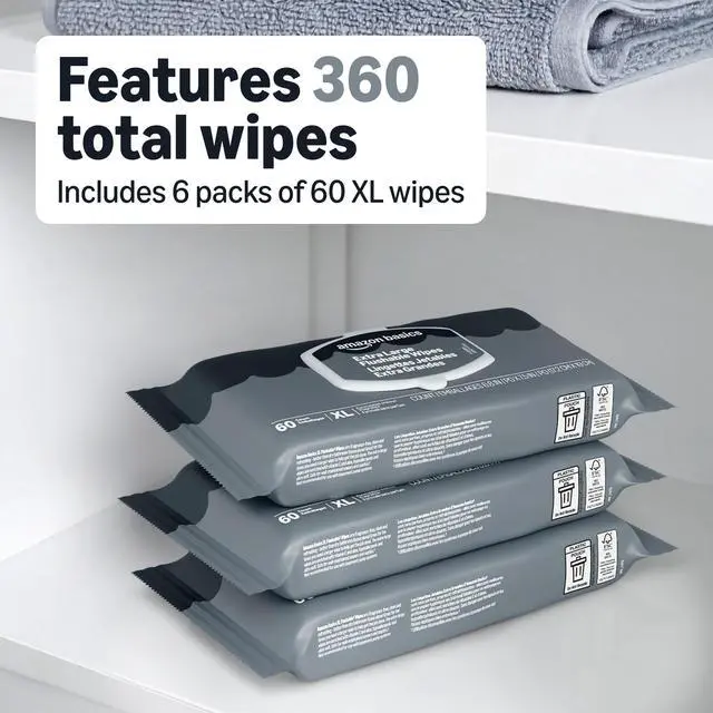 Alt view image 2 of 6 - Amazon Basics Extra Large Flushable Wipes, 360 Wipes (6 Packs of 60), Adult Wet Wipes, Resealable Closure, Packaging May Vary