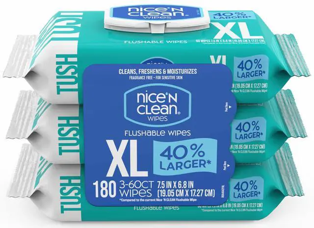 Main image of Nice 'N CLEAN Extra Large Flushable Wipes, 6.8"x7.5" Unscented Adult Wet Wipes, 40% Larger, Septic & Sewer Safe, Hypoallergenic, Plant Based, 180 Count