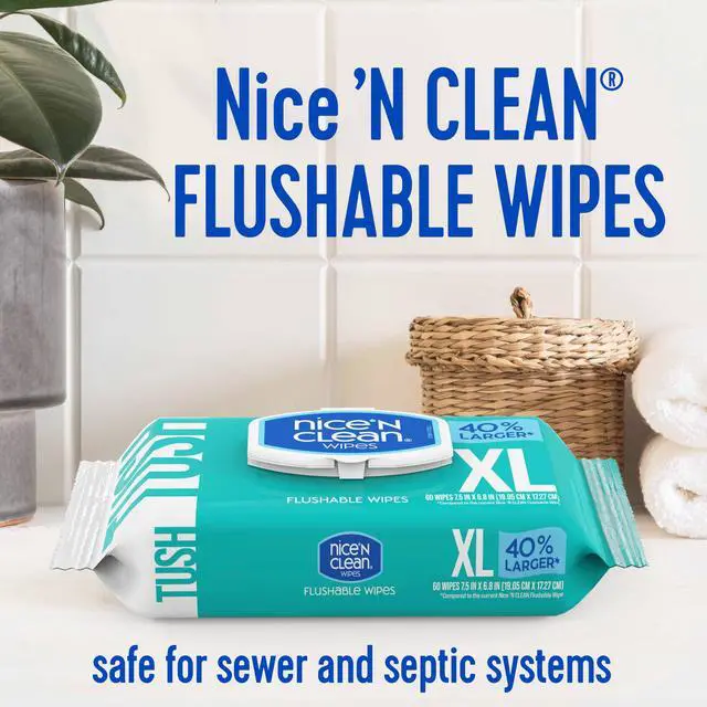 Alt view image 2 of 6 - Nice 'N CLEAN Extra Large Flushable Wipes, 6.8"x7.5" Unscented Adult Wet Wipes, 40% Larger, Septic & Sewer Safe, Hypoallergenic, Plant Based, 180 Count