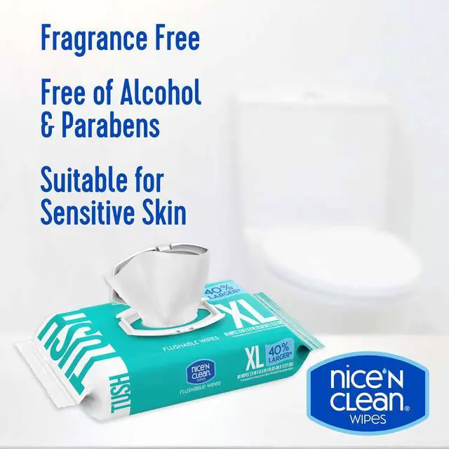 Alt view image 5 of 6 - Nice 'N CLEAN Extra Large Flushable Wipes, 6.8"x7.5" Unscented Adult Wet Wipes, 40% Larger, Septic & Sewer Safe, Hypoallergenic, Plant Based, 180 Count