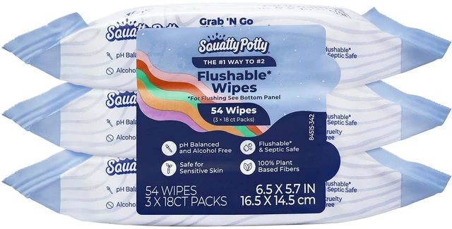 Main image of Squatty Potty Flushable Wipes Travel Pack, 3 Packs of 18 (54 Total Wet Wipes)
