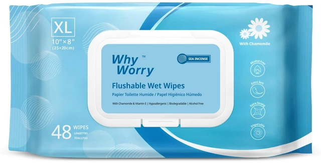 Main image of WhyWorry Flushable Wipes for Adults, Sea Incense, 8" x 10", 48 Count