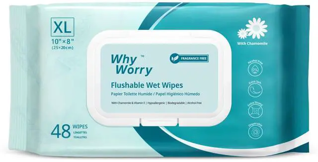Main image of WhyWorry 8" x 10" Unscented Flushable Wipes for Adults, 48 Count