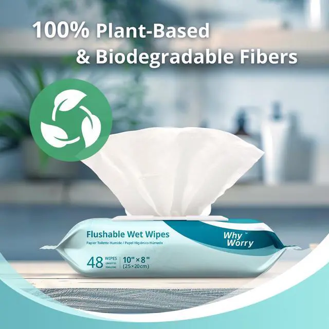 Alt view image 2 of 6 - WhyWorry 8" x 10" Unscented Flushable Wipes for Adults, 48 Count