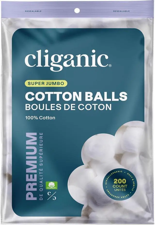Main image of Cliganic Super Jumbo Cotton Balls 200 Count, Hypoallergenic, Absorbent, Large Size, 100% Pure