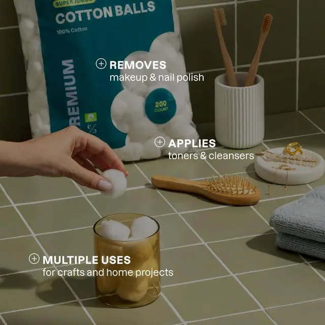 Alt view image 5 of 5 - Cliganic Super Jumbo Cotton Balls 200 Count, Hypoallergenic, Absorbent, Large Size, 100% Pure