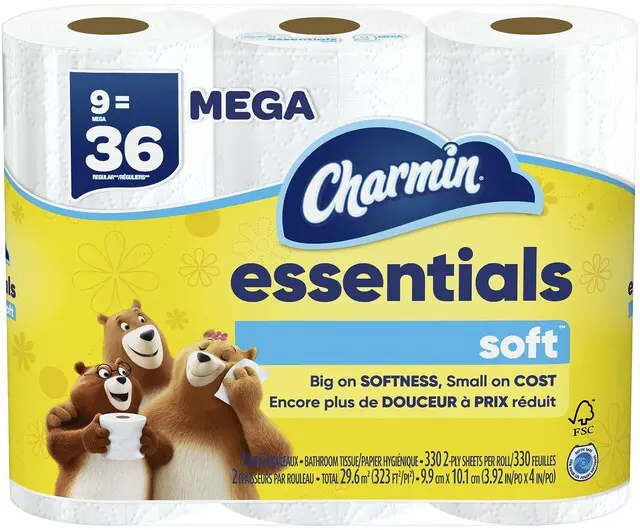 Main image of Charmin Essentials Soft Toilet Paper 9 Mega Rolls = 36 Regular Rolls