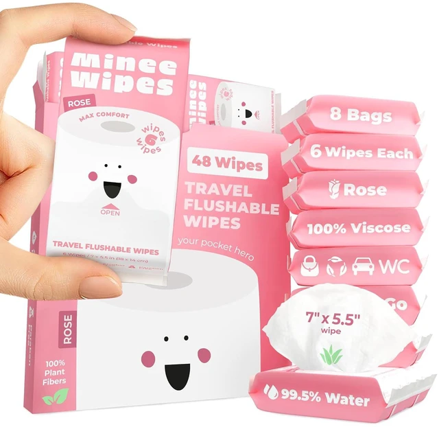 Main image of Impossibly Compact Travel Flushable Wipes - 99.5% Water and Aloe Vera, for Sensitive Skin, Adults and Kids Travel Essential, Rose, 8 Packs of 48 Wipes
