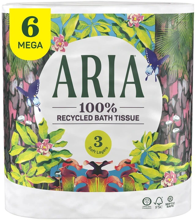 Main image of Aria 100% Recycled Bath Tissue, 6 Rolls, 3-Ply Soft, Paper Packaging