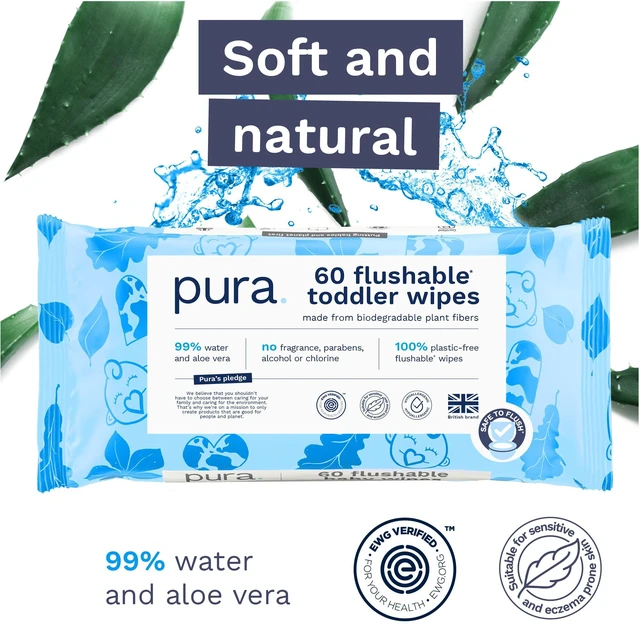 Alt view image 5 of 7 - Pura Flushable Toddler Wipes 60 Count with Aloe Vera for Sensitive Skin