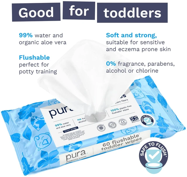 Alt view image 3 of 7 - Pura Flushable Toddler Wipes 60 Count with Aloe Vera for Sensitive Skin