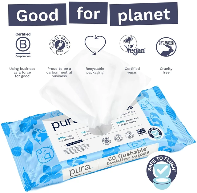 Alt view image 7 of 7 - Pura Flushable Toddler Wipes 60 Count with Aloe Vera for Sensitive Skin