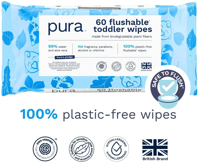 Alt view image 2 of 7 - Pura Flushable Toddler Wipes 60 Count with Aloe Vera for Sensitive Skin