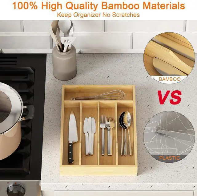 Alt view image 2 of 7 - Bamboo Utensil Organizer for Kitchen Drawers, 5-Slot Cutlery Tray & Silverware Holder, Wood Drawer Dividers (2-Pack)