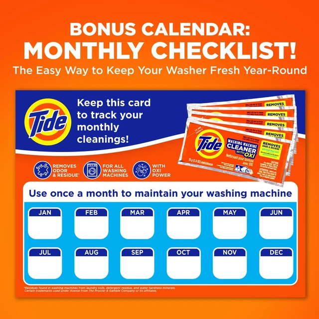 Alt view image 7 of 7 - Tide Washing Machine Cleaner, 52 Week Supply with Oxi, for Front and Top Loader Washers, Deep Clean Residue & Odor Eliminator