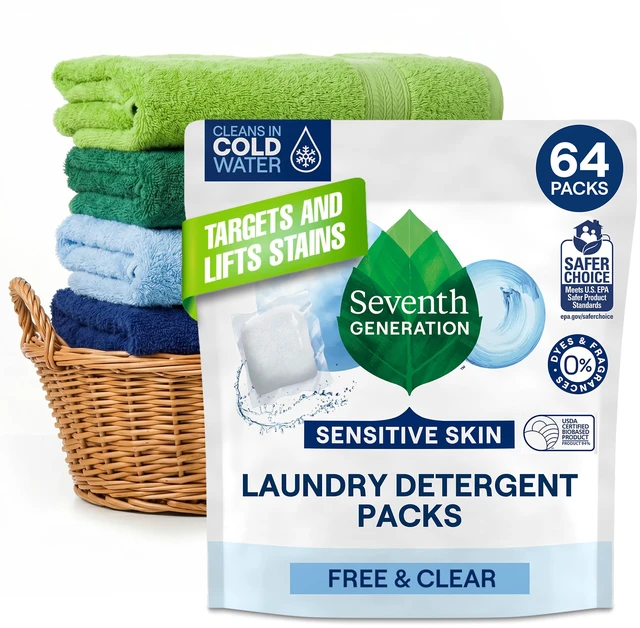 Main image of Seventh Generation Free & Clear Laundry Detergent Packs, Made for Sensitive Skin, EPA Safer Choice Certified, 64 Count