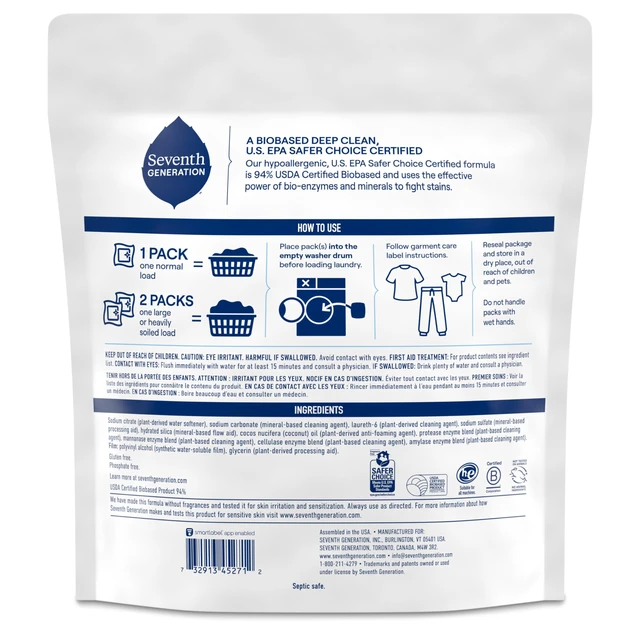 Alt view image 2 of 6 - Seventh Generation Free & Clear Laundry Detergent Packs, Made for Sensitive Skin, EPA Safer Choice Certified, 64 Count