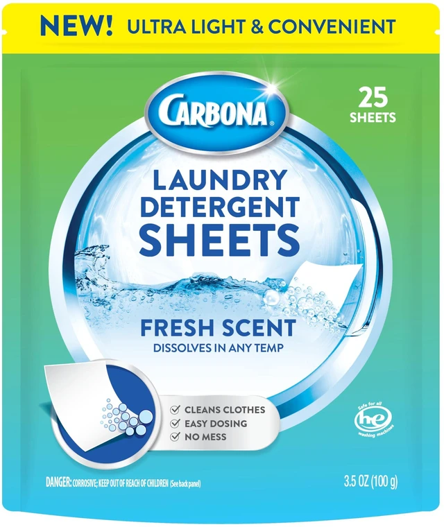 Main image of Carbona Laundry Detergent Sheets 25 Sheets (50 Loads) Eco-Friendly Stain Remover Fresh Scent