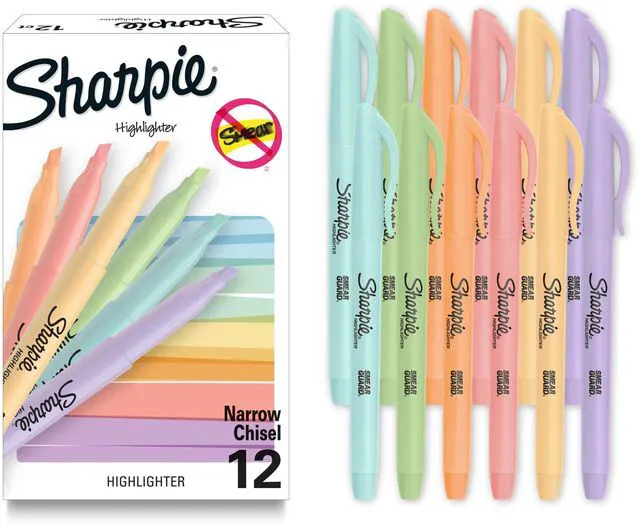 Main image of Sharpie Pocket Highlighters, Mild Pastel Colors, Assorted, Chisel Tip, 12 Count - School, Home, Office, Teacher Supplies