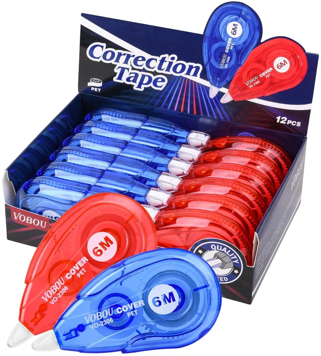 Main image of Vobou White Correction Tape, 12-Pack, 6M/256" x 0.2", Red and Blue, Easy-to-Use Applicator for Instant Corrections, for School and Office