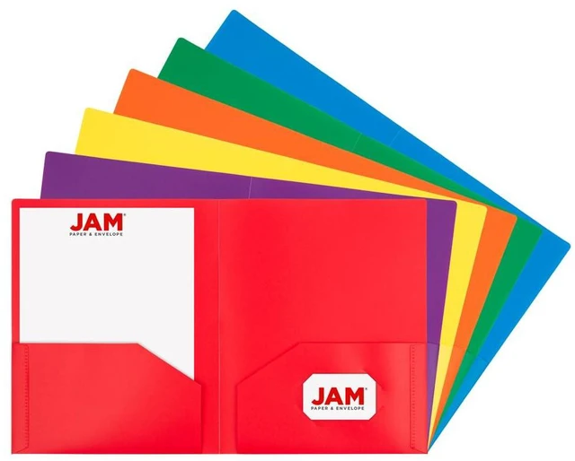 Main image of JAM PAPER Heavy Duty Plastic 2 Pocket Extra Tough School Folders, Assorted Primary Colors, 6/Pack