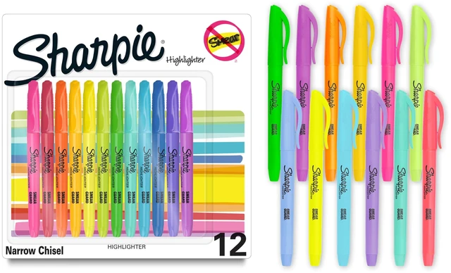 Main image of Sharpie Pocket Highlighters, Chisel Tip, Assorted Colors, Smear-Resistant, 12-Pack