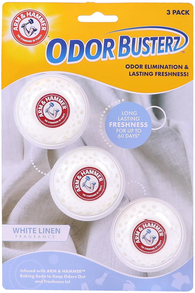 Main image of Arm & Hammer OdorBusterz Odor Eliminator Balls, White Linen, 3 Count, Baking Soda Odor Control for Closets, Drawers, Hampers & Small Spaces