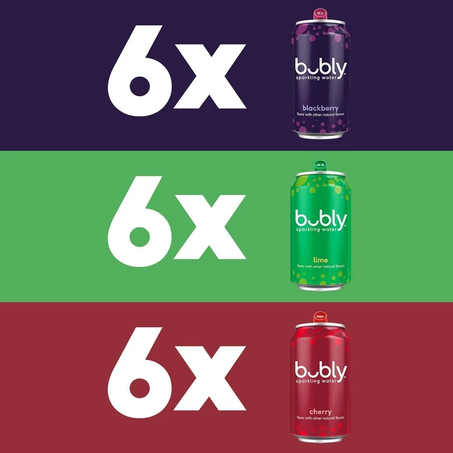 Alt view image 2 of 6 - Bubly Sparkling Water Lime Yours 3 Flavor Variety Pack (Lime, Cherry, Blackberry), Zero Sugar, Zero Calories, 12fl oz Cans, 18-Pack