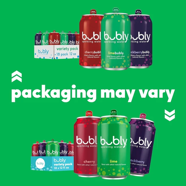 Alt view image 6 of 6 - Bubly Sparkling Water Lime Yours 3 Flavor Variety Pack (Lime, Cherry, Blackberry), Zero Sugar, Zero Calories, 12fl oz Cans, 18-Pack